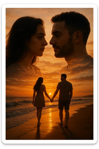Una doppia esposizione cinematografica di noi di profilo, con un paesaggio di spiaggia al tramonto integrato nella silhouette.
La scena interna ci mostra entrambi camminare sulla sabbia bagnata, tenendoci per mano, con le onde del mare che si infrangono è facile e un cielo colorato dagli ultimi raggi di sole. Atmosfera calda e intima, toni dorati arancioni, dettagli fini ed espressivi, risoluzione 8K. sticker