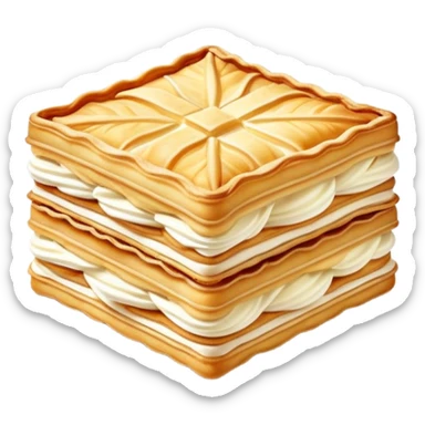 mille-feuille-cinematic-realistic-mille-feuille-dessert-emoji,-depicted-as-a-rectangular delicate-pastry-composed-of-two-crisp-layers-of-puff-pastry-with-a-rich-cream-filling,-rendered-with-intricate-textures-and-elegant,-soft-lighting. Please only show two layers only. sticker