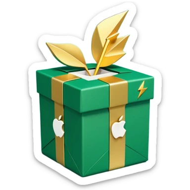 3D minimal open gift box with small floating icons coming out (envelope, lightning bolt, sparkle), matte finish, deep green (#0B3D2C) box, gold (#C9B037) icons, Apple style, ultra minimal, soft shadow, transparent background sticker