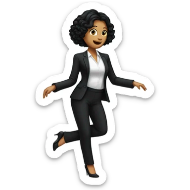 A white woman with black hair wearing a black pantsuit dancing sticker