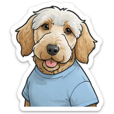 Golden doodle wearing light blue & white tshirt sticker