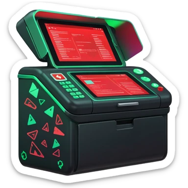 A sleek digital terminal with a holographic interface showing files being uploaded, data packets represented as trash icons, the screen glitching and exploding with red error symbols, tech dystopia vibes, neon greens and reds, circuit patterns in background --v 5 --ar 3:2 --style sci-fi --chaos 30 sticker
