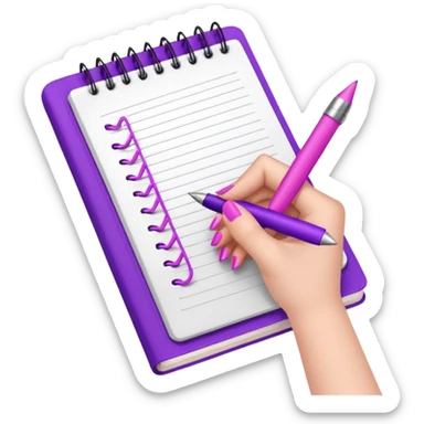 feminine hand with purple nails, pink pen, and open notebook sticker