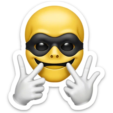Yellow face emoji , with black mouth mask on it half lower skull , with hand sign like winner but second finger is open and third finger is closed sticker