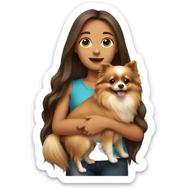 Girl with long brown hair holding a Pomeranian dog sticker
