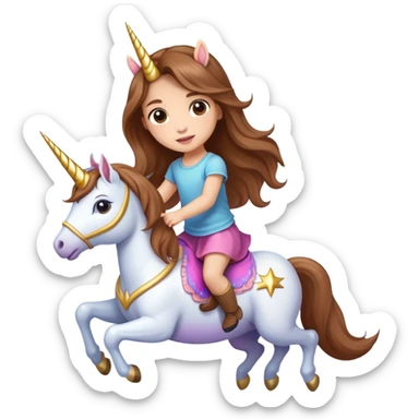 light-skinned little girl with long brown hair riding a unicorn sticker