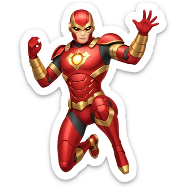"A high-quality die-cut sticker of a tech-based armored superhero in a dynamic flying pose. Vibrant red and gold metallic plating, glowing circular chest piece, thick white border, flat vector art style, white background." sticker