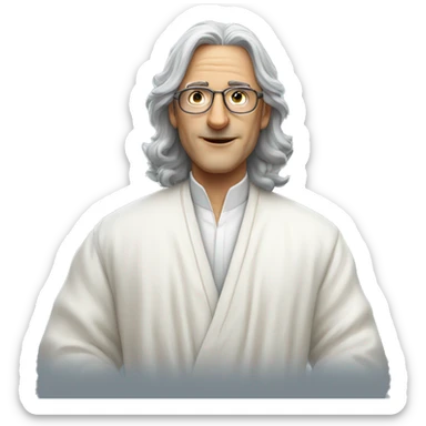 man with long grey hair and aviator glasses in long white robe giving peac sticker