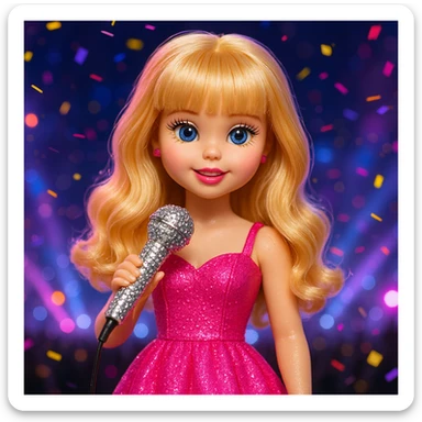 Pretty and girly Blonde pop star with bangs, holding a bedazzled microphone, reimagined as a doll, with a nighttime concert backdrop with colorful confetti sticker
