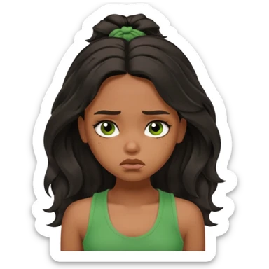 a pretty bratz brown girl with long wavy black color hair, brown eyes and green tank who is depressed and sad sticker