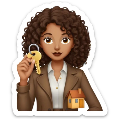 Dark brown lady with medium brown mid length curly hair in real estate job with house and keys sticker