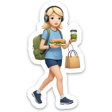 a young woman full length walks with headphones on with a salmon sandwich in one hand and herbal tea in the other hand sticker