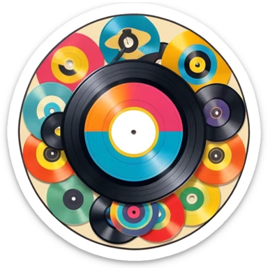 Icon for Vinyl Record Collecting: colorful vinyl records in decorative packaging featuring artist images, neatly arranged on a wall or shelf. The icon should reflect the aesthetic and artistic aspect of collecting vinyl records. Transparent background. sticker