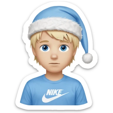 create boy blonde hair long messy, light eyes, white t shirt, rich, long hair, eyes blue, acessory head cristimas blue hat, long hair, t shirt nike sticker