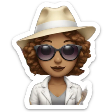 female with brown wavy hair, holding a rainbow flag,rainbow sunglasses, white hat  sticker