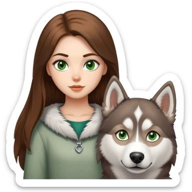 Girl with Green eyes and Brown long hair with husky white and grey  sticker