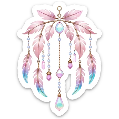 Hanging Iridescent pastel pink sakura crystals white-pearly suncatcher with bells and feathers sticker