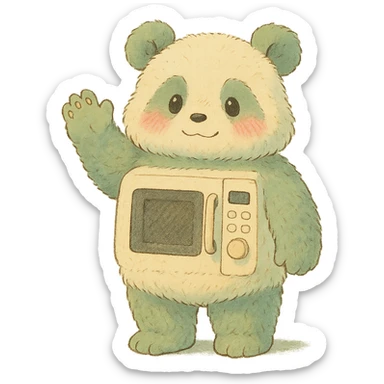 ghibli-style fluffy panda inspired by a microwave oven, blushing and waving, soft pastel colors, full-body sticker