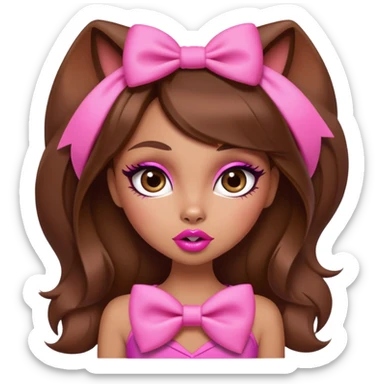 Bratz-inspired character with brown hair, pink bow, exaggerated big lips, and foxy eyes sticker
