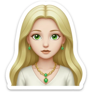 girl with very pale skin, green eyes, long dark blonde hair, white outfit, gold jewelry sticker