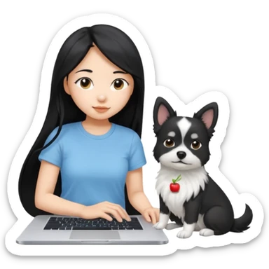 Asian girl long black hair, wearing a light blue t-shirt, working on an Apple laptop, next to her is a small black and white dog sticker