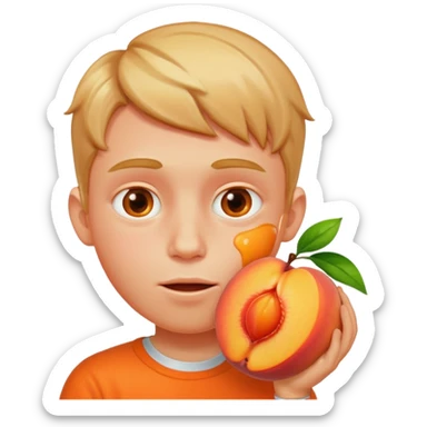 Boy with his face stuck in a juicy peach sticker