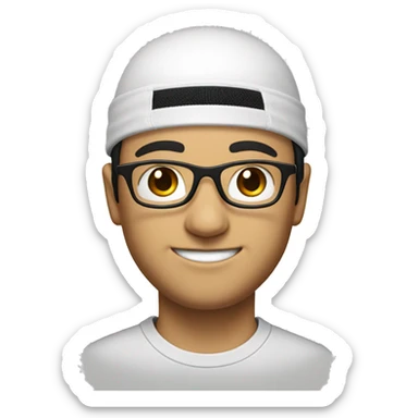 Smiling face with black hair, white round cap (Islamic cap), Block glasses and Head set sticker