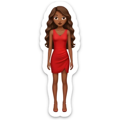 Quiero una senorita alta delgada , sintura pequena , pelo largo y ondulado , y con un vestido rojo pegado y corto y que sea piel morena  sticker