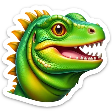 Cinematic Realistic Comical Iguana Portrait Emoji, Head tilted dramatically with an exaggeratedly amused expression, featuring a striking, glossy green-scaled body with bold natural textures and wide, expressive amber eyes brimming with playful disbelief, rendered with lifelike clarity and vibrant hues, high shine, dramatic yet playful, styled with an air of cheeky tropical mischief, soft glowing outline, capturing the essence of a spirited and over‐the‐top iguana that looks ready to charm its way into viral fame! sticker
