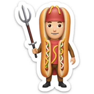Middle aged attractive man wearing a hot dog costume wielding a katana sticker