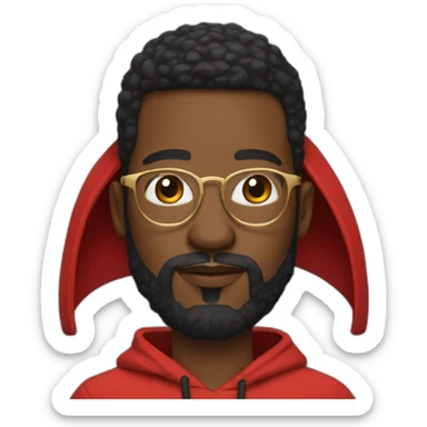 black man with beard, red hoodie on head, and gold framed glasses sticker