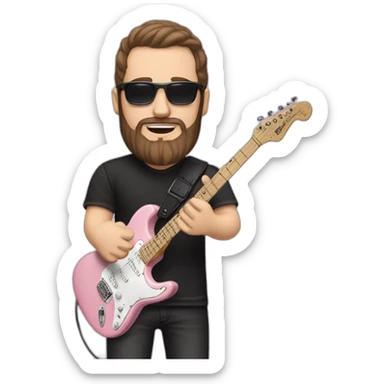 white man with dark beard and black t shirt and pastel pink stratocaster electric guitar sticker