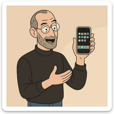 Steve Jobs presenting an iPhone with confident expression, modern illustration style sticker