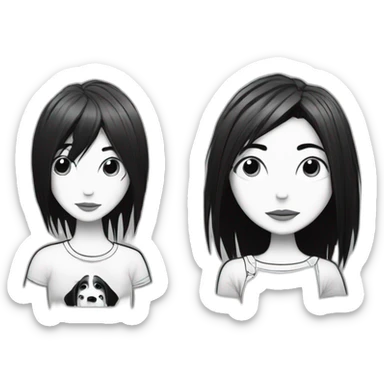 a dog and a girl with black spiky hair looking at each other in style of ((sarah andersen)), black and white sticker