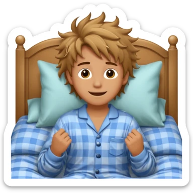 emoji- of a smiley boy waking up in bed sticker