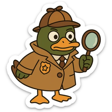 Make this mallard duck detective match the style and outfit of the first image: cute, cartoon, wearing a trench coat and detective hat, holding a magnifying glass, with no background. sticker