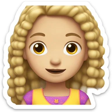 Emoji of a small white girl, 5 years old, with straight dark blonde hair. She has a cheerful expression and is wearing a colorful dress sticker