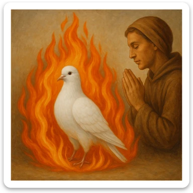 a white pigeon with fire and a person praying, visually balanced composition sticker