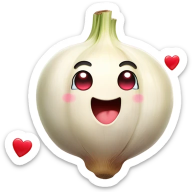 n emoji of a cute garlic clove and a smiling onion looking at each other with love. They have big, adorable eyes and rosy cheeks. Small red hearts float around them, and they appear to be blushing, creating a romantic and funny atmosphere. sticker