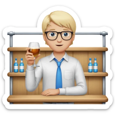 Wygeneruj mi emotke ubranego chłopaka i pokaż go od stóp do głów o włosach blond z niebieskimi oczami w okularach, który utrzymuje się na drążku sticker