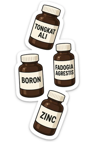 4 boccette di integratore: Tongkat Ali, Fadogia Agrestis, Boron e Zinco fluttuano in aria verticalmente sticker