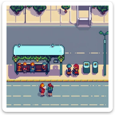 pixel art city bus stop with passengers waiting, bus arriving sticker