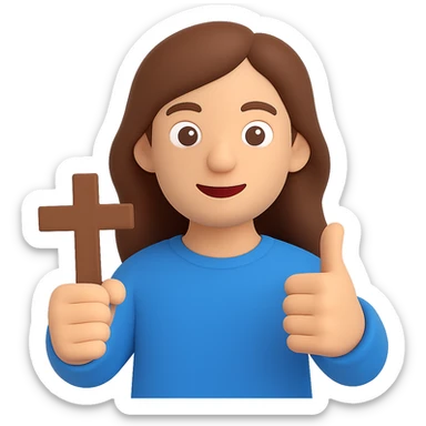 Make the person a boy with long brown hair, holding a cross and giving a thumbs up, in a 3D emoji style with no background. sticker