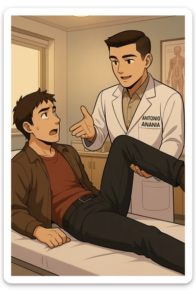 fai un webtoon manga a colori con questo stile, in cui un uomo è steso sul lettino medico e il kinesiologo con il camice bianco (fagli anche la scritta "ANTONIO ANANIA" SUL CAMICE, gli solleva una gamba per fargli il test neuromuscolare, IL KINESIOLOGO SPIEGA ALL'UOMO UNA cosa mentre gli alza la gamba. non fare i fumetti però, fai solo in modo che sembri stiano parlando, il lettino fai in modo che si veda tutto intero sticker
