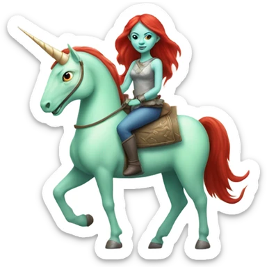 [politically incorrect
	{ woman: alien, color: light green, hair:red, eyes:cat} ]
	on a 
	[{ unicorn: white, legged:four, mane: light blue }] sticker