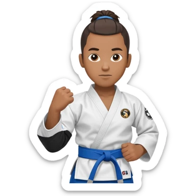 black karate instructor with ponytail and a low taper haircut, and a small fade on the sides with a blue belt and roger Gracie academy logo on the gi sticker