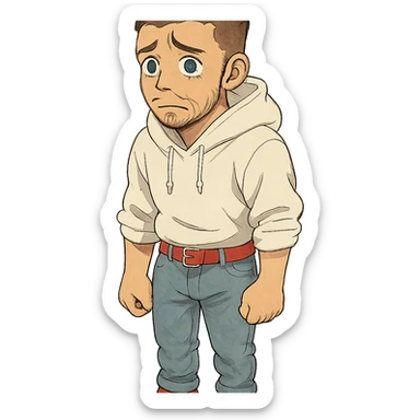 1 male, mid fade haircut dark chestnut brown curly hair, toasted lightskin, white hoodie sleeves up, fashion jeans, red fashion-sneakers shoes, red belt, short trimmed beard and goatee,  style of deku from "my hero academia", FACIAL EXPRESSION IS VERY SAD, TEARS WELLING UP sticker