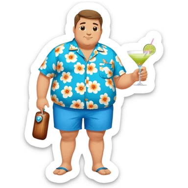 chubby guy full figure in a flowered azure havai shirt, brown shorts and flippers holding a cocktail sticker