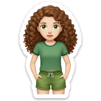 white girl with long brown curly hair in green top and shorts holding back sticker
