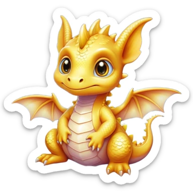 Airbrush painted image of an adorable little baby dragon with large glistening eyes sitting on a cloud under a deep galactic sky with pearlescent scales and wings spread against the stars sticker